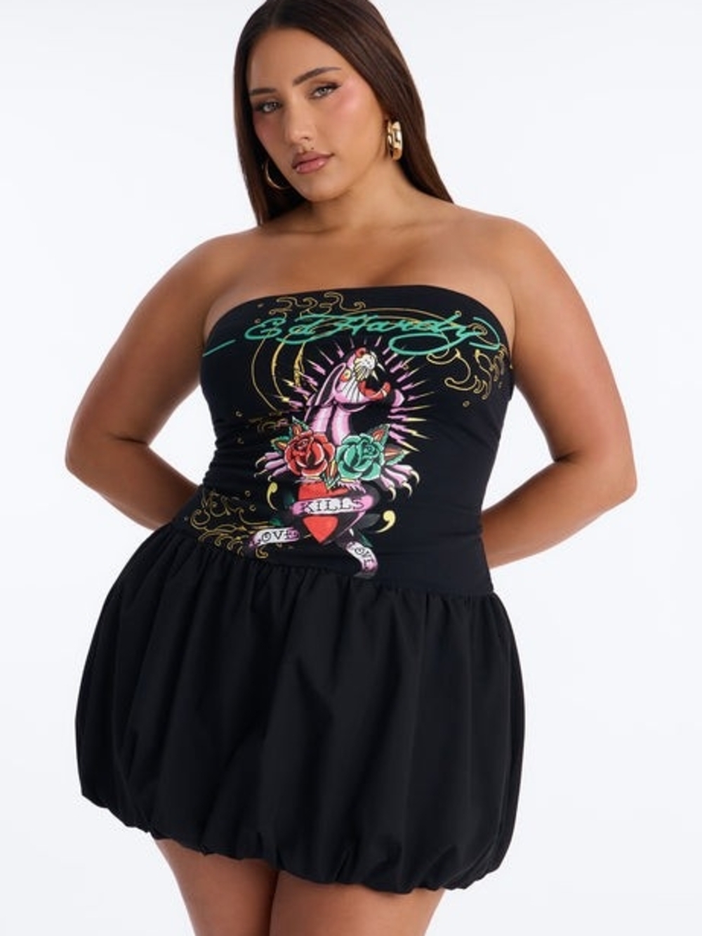 Ed Hardy Black Strapless Tattoo-Print Bubble Dress